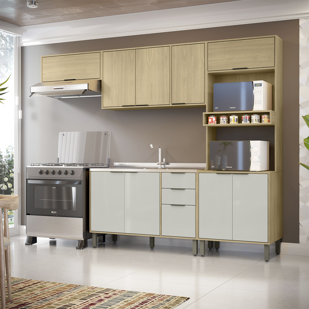 Cozinha Modulada 5 Pecas 270 cm MDP GLOR Castanho Off White MXM