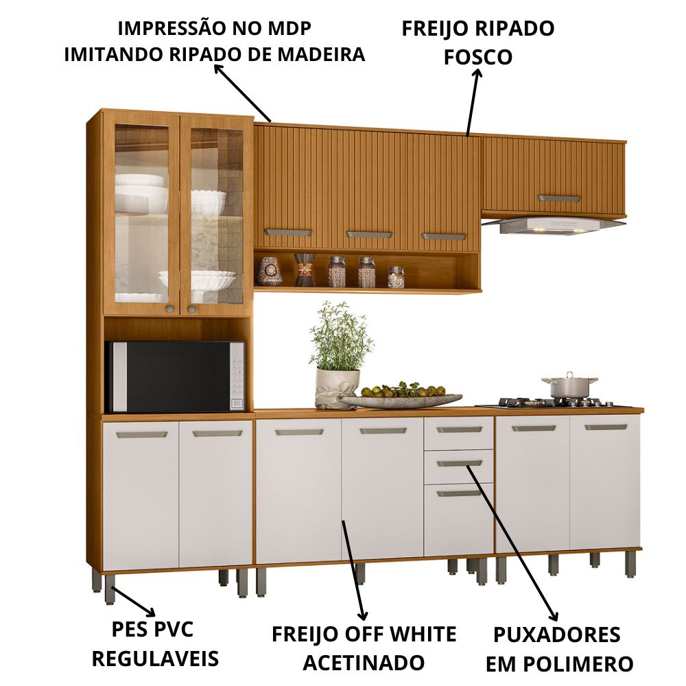Cozinha Modulada 6 Peças 270 cm Cria Freijo Ripado Off White PLN