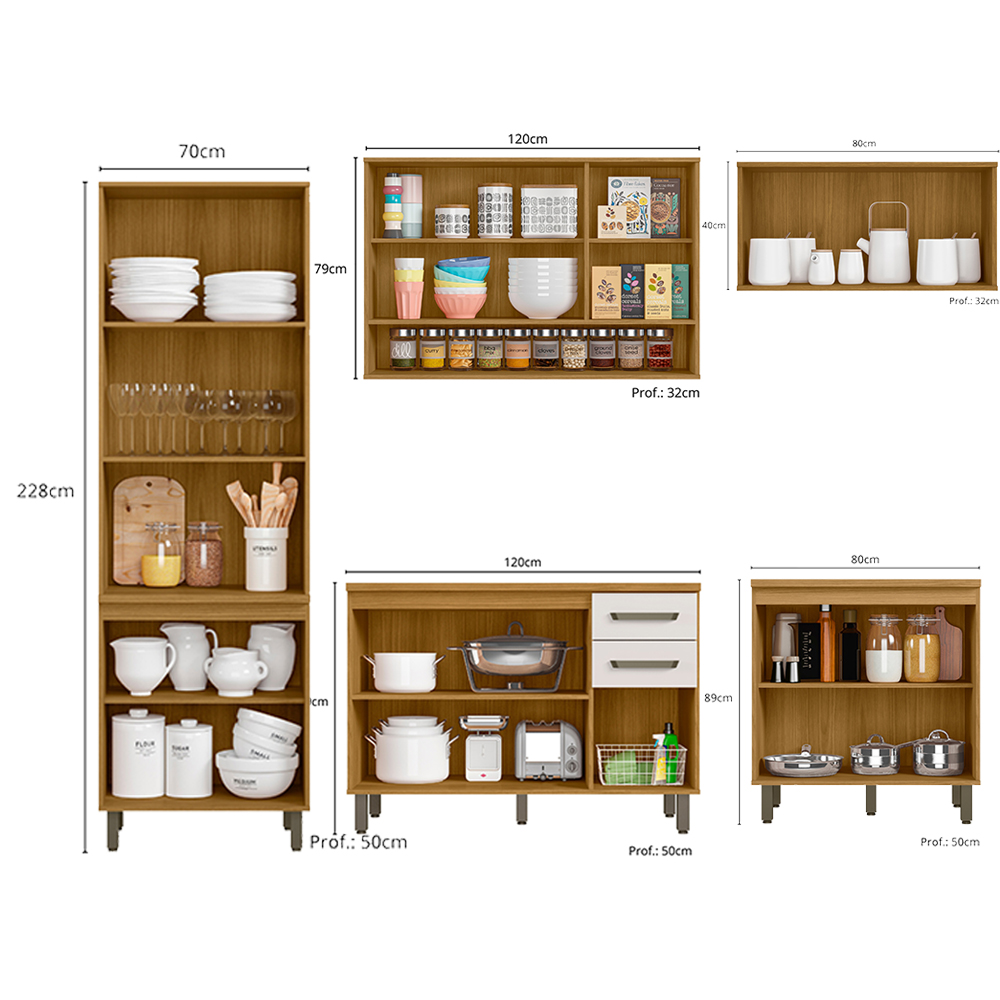 Cozinha Modulada 6 Peças 270 cm Cria Freijo Ripado Off White PLN
