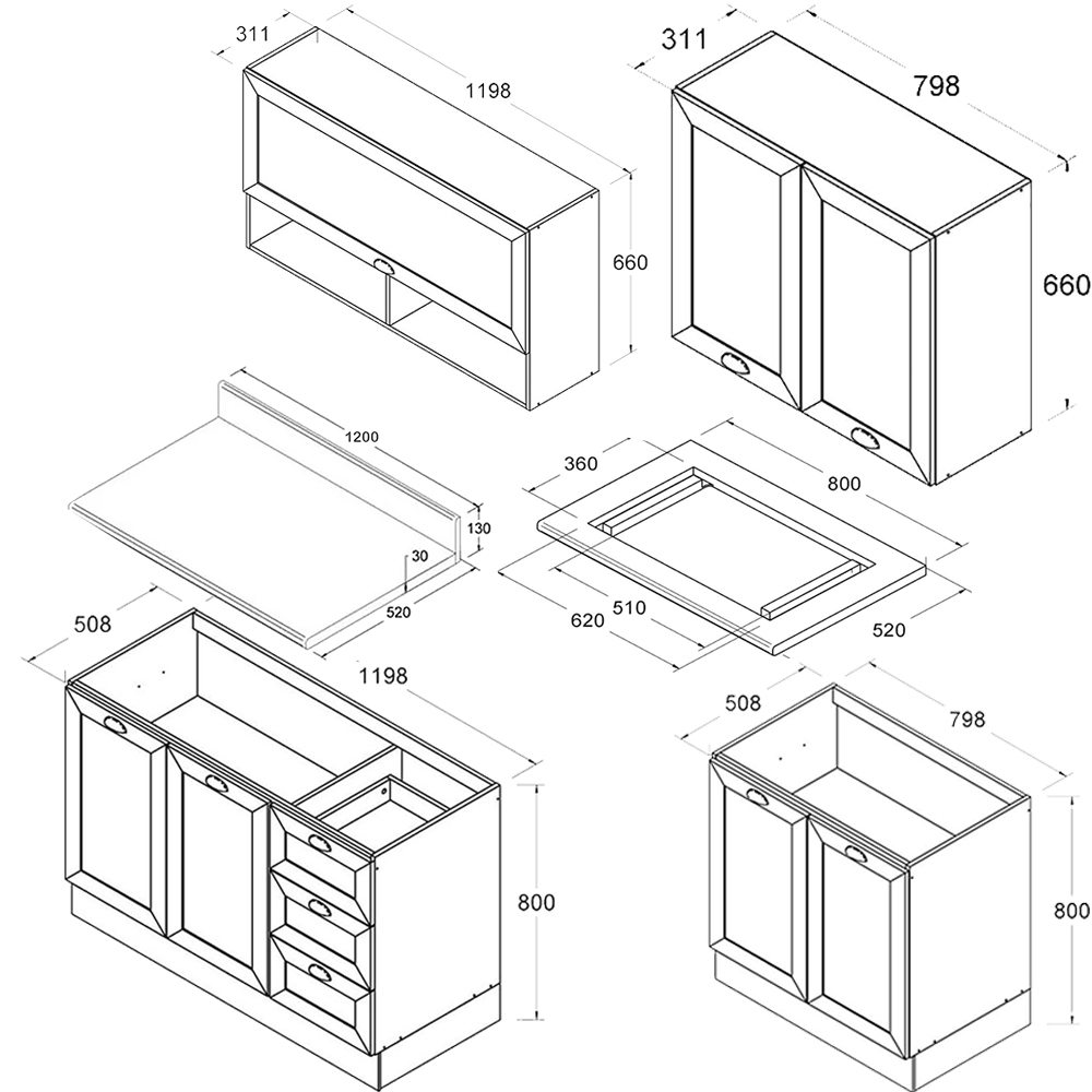 Cozinha Modulada 6 Pecas 200 cm DENV Branco Rivera Dtall
