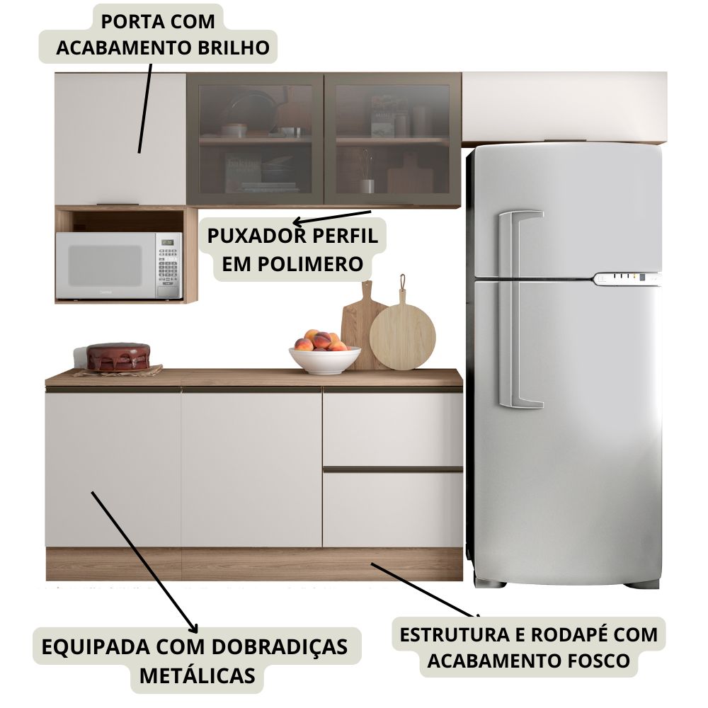 Cozinha Modulada 6 Pecas 258 cm Etti Carvalho Oak Off White PLN