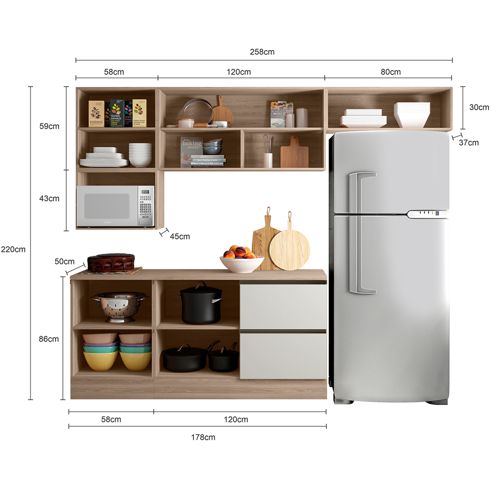 Cozinha Modulada 6 Pecas 258 cm Etti Carvalho Oak Off White PLN