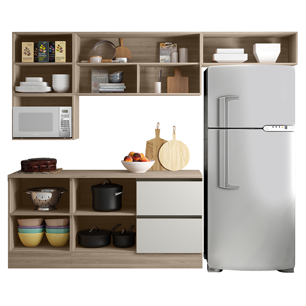 Cozinha Modulada 6 Pecas 258 cm Etti Carvalho Oak Off White PLN