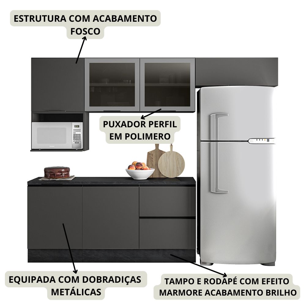 Cozinha Modulada 6 Pecas 258 cm Etti Grafite PLN