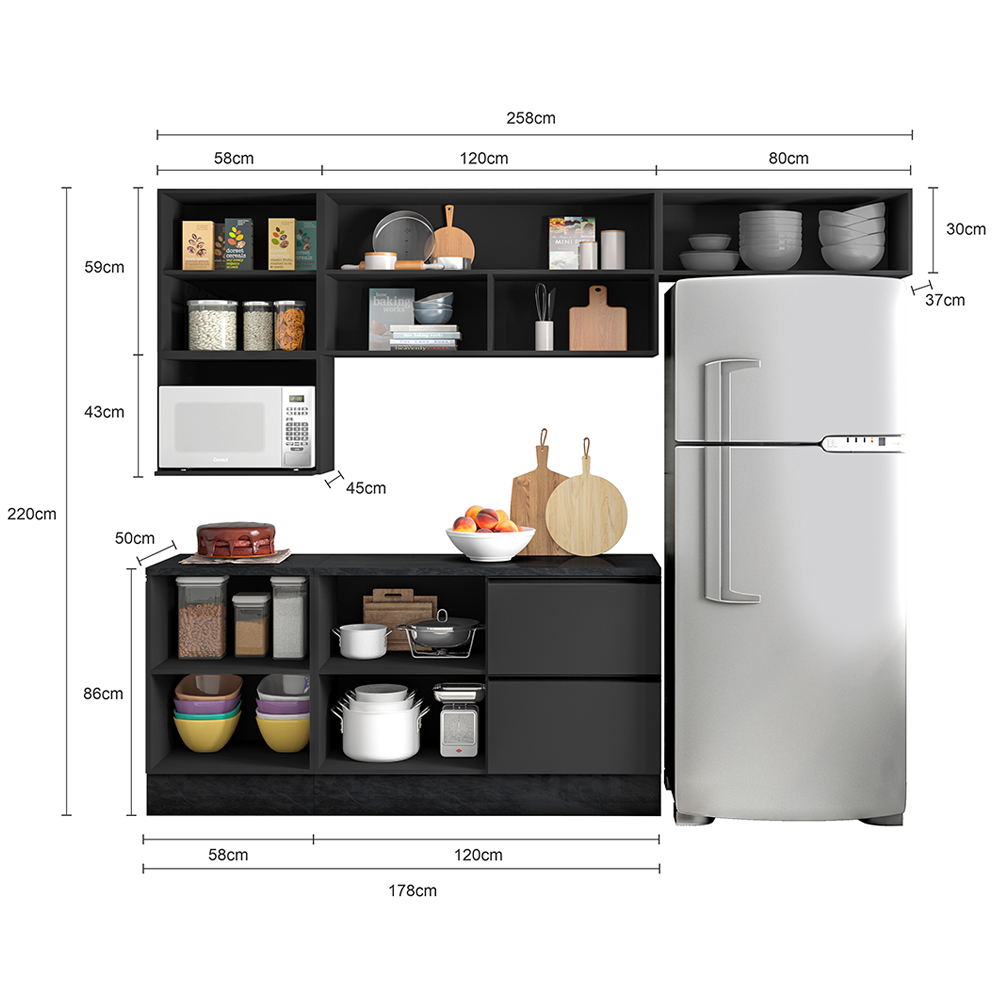 Cozinha Modulada 6 Pecas 258 cm Etti Grafite PLN