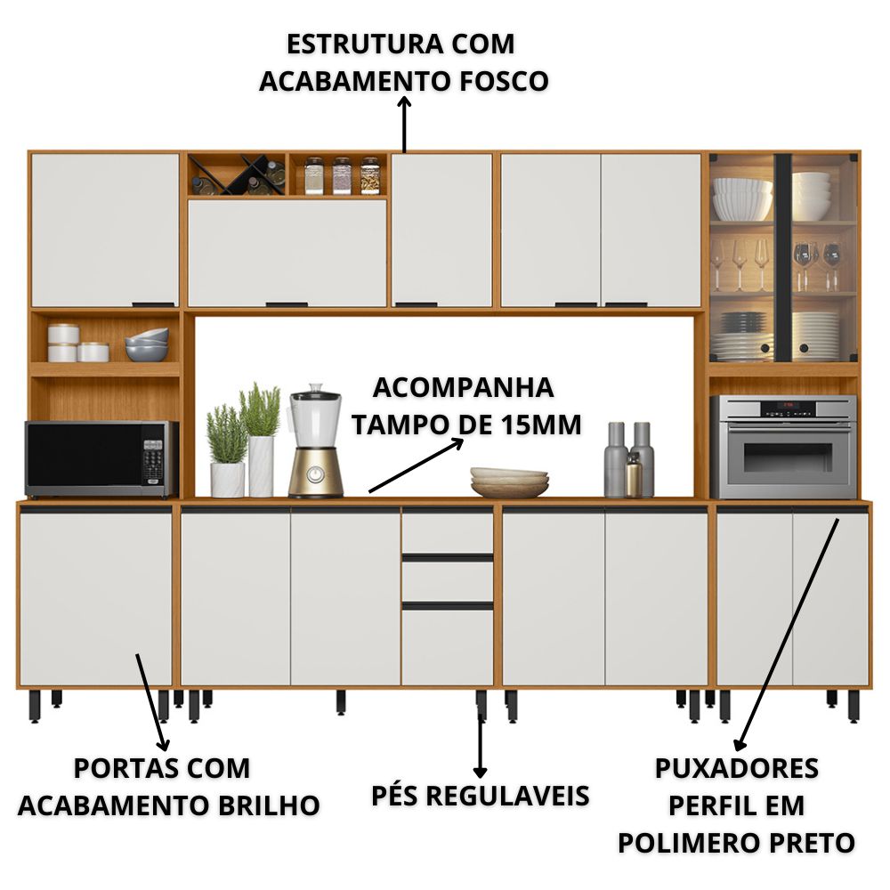 Cozinha Modulada 6 Pecas 320 cm Raven Freijo Off White PLN
