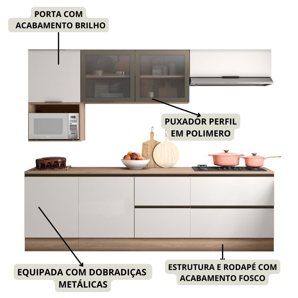 Cozinha Modulada 7 Pecas 258 cm Etti Carvalho Oak Off White PLN
