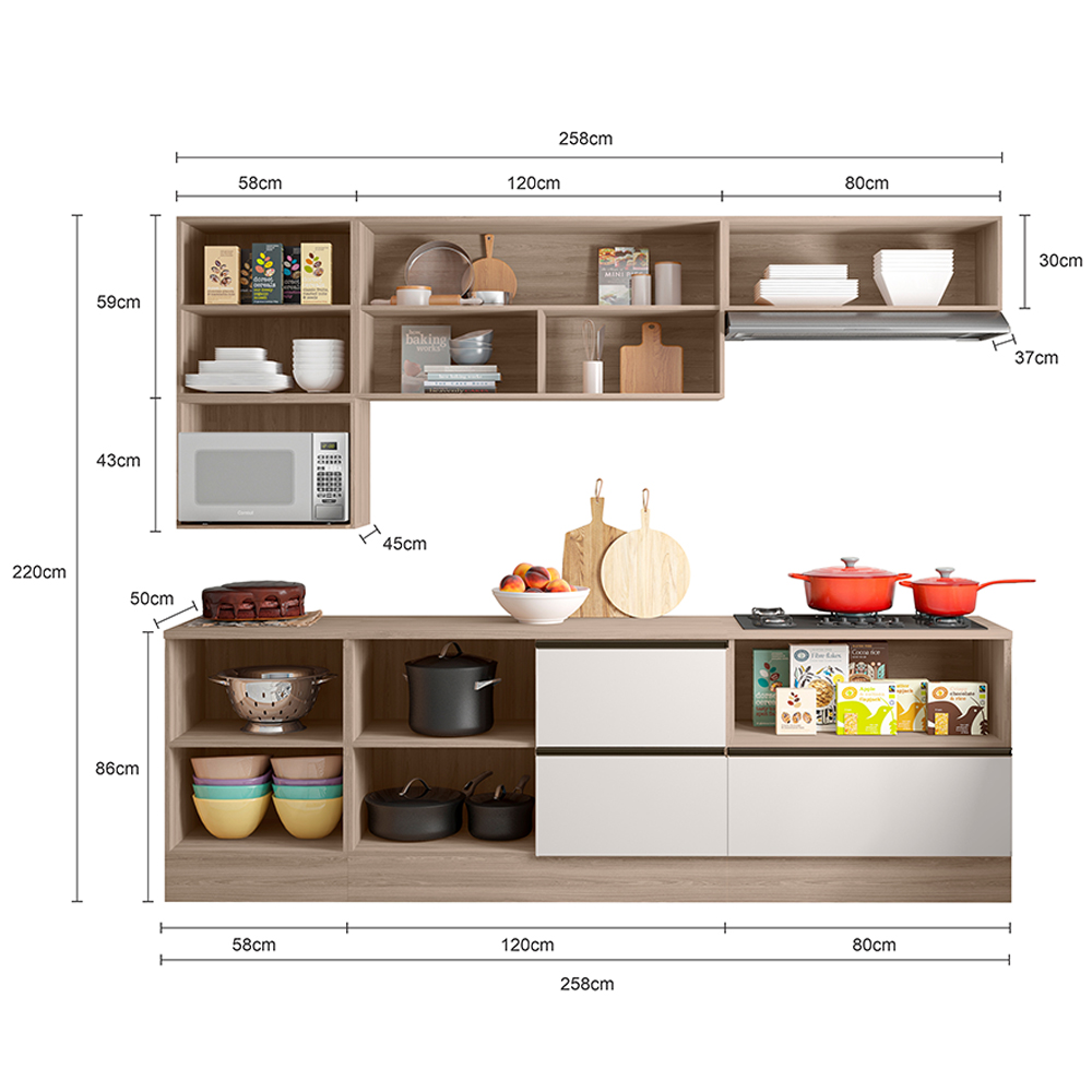 Cozinha Modulada 7 Pecas 258 cm Etti Carvalho Oak Off White PLN