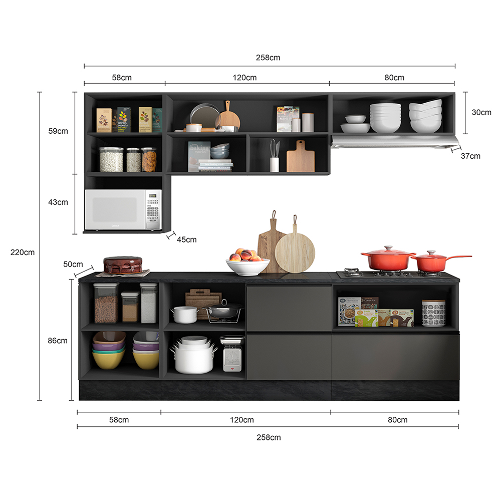 Cozinha Modulada 7 Pecas 258 cm Etti Grafite PLN