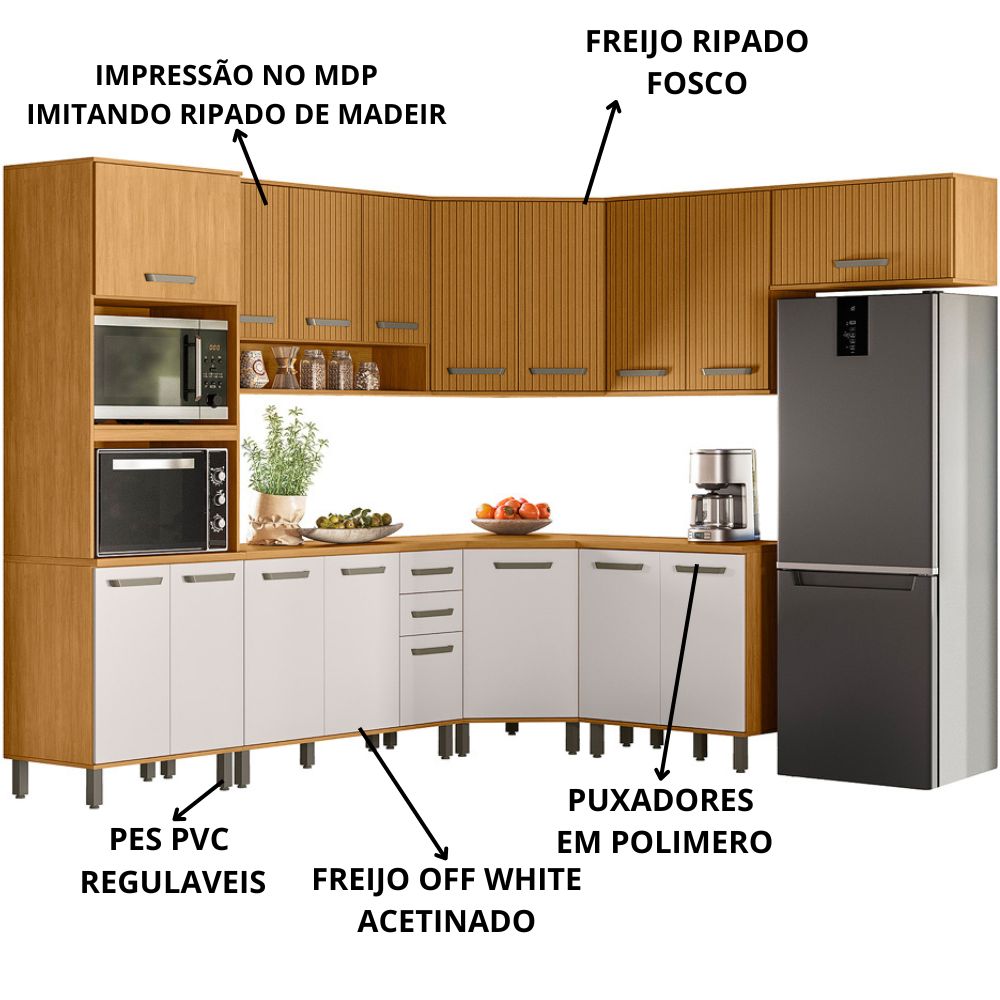 Cozinha Modulada 9 Pecas 270 cm Cria Freijo Ripado Off White PLN