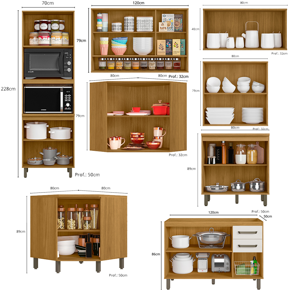 Cozinha Modulada 9 Pecas 270 cm Cria Freijo Ripado Off White PLN