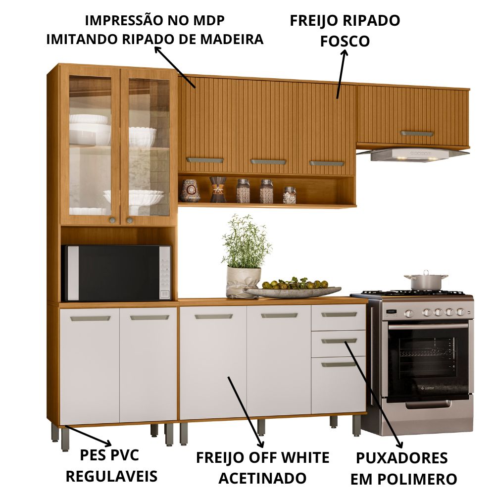 Cozinha Modulada Balcão Tampo 270 cm Cria Freijo Ripado Off White PLN
