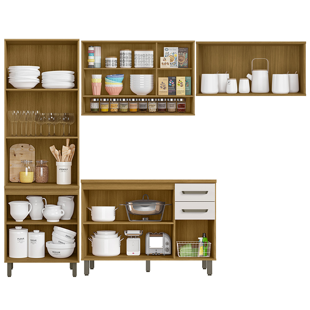 Cozinha Modulada Balcão Tampo 270 cm Cria Freijo Ripado Off White PLN