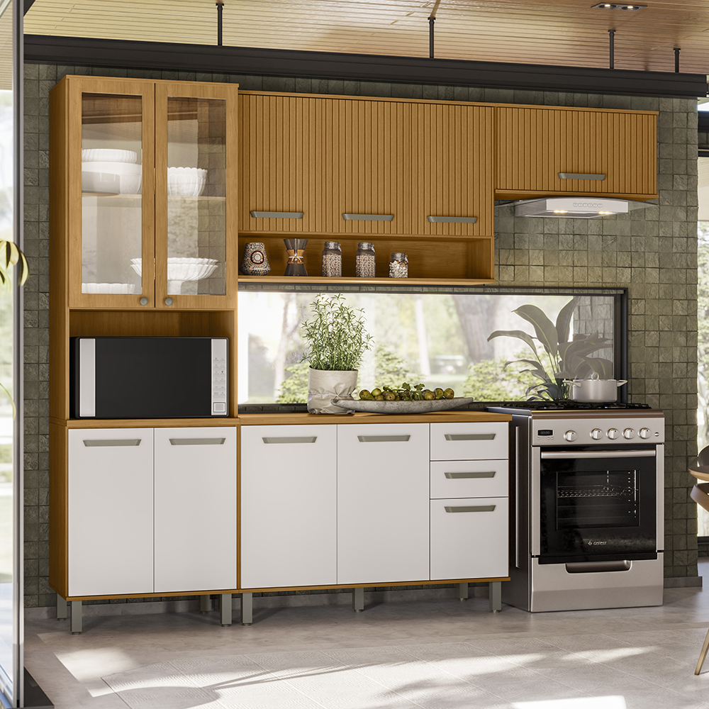 Cozinha Modulada Balcão Tampo 270 cm Cria Freijo Ripado Off White PLN