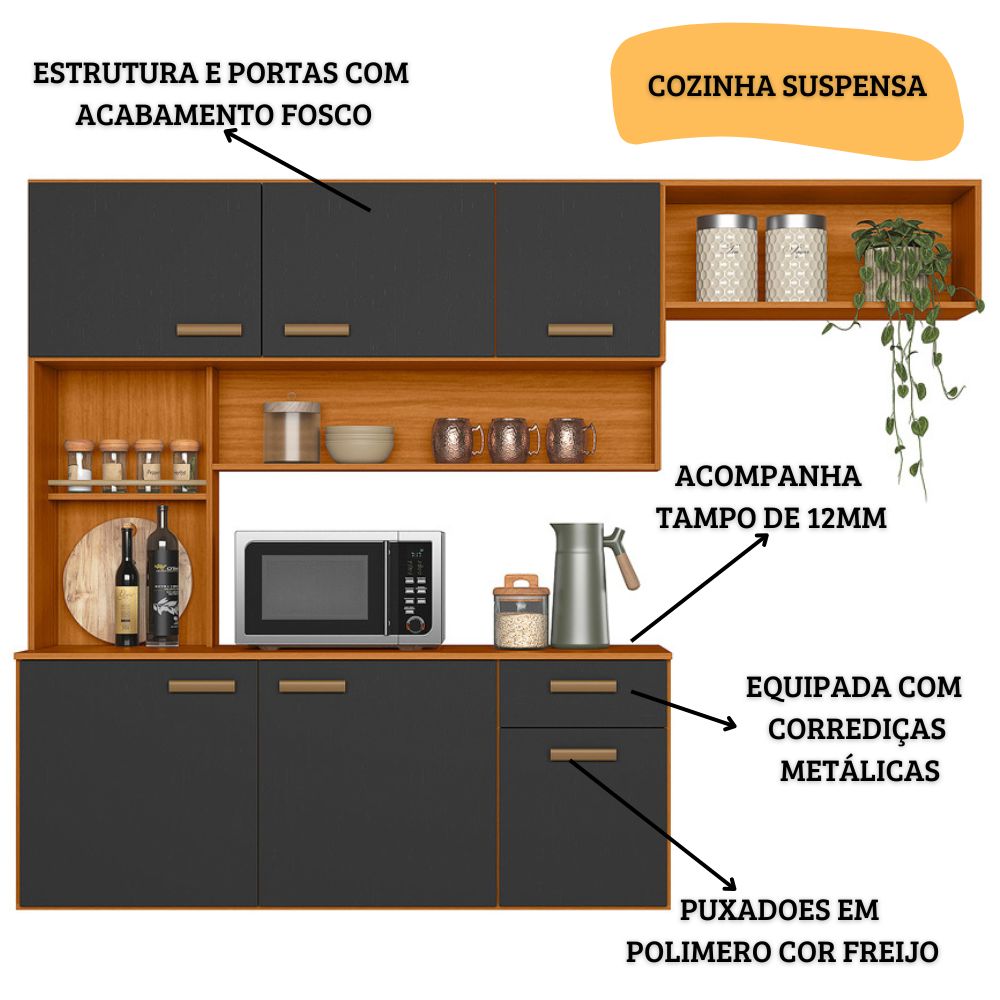 Cozinha Suspensa 6 Portas 180 cm Una Freijo Grafite PLN