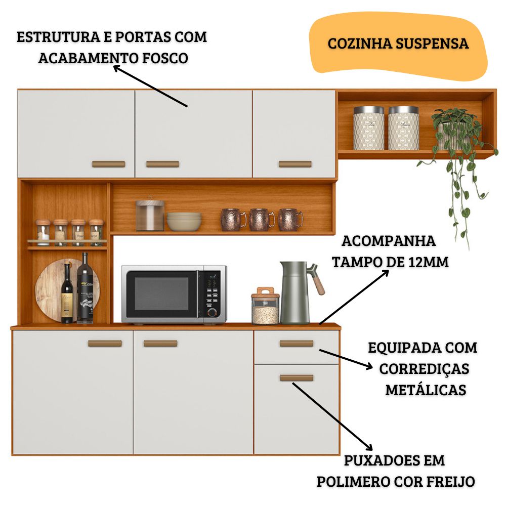 Cozinha Suspensa 6 Portas 180 cm Una Freijo Off White PLN