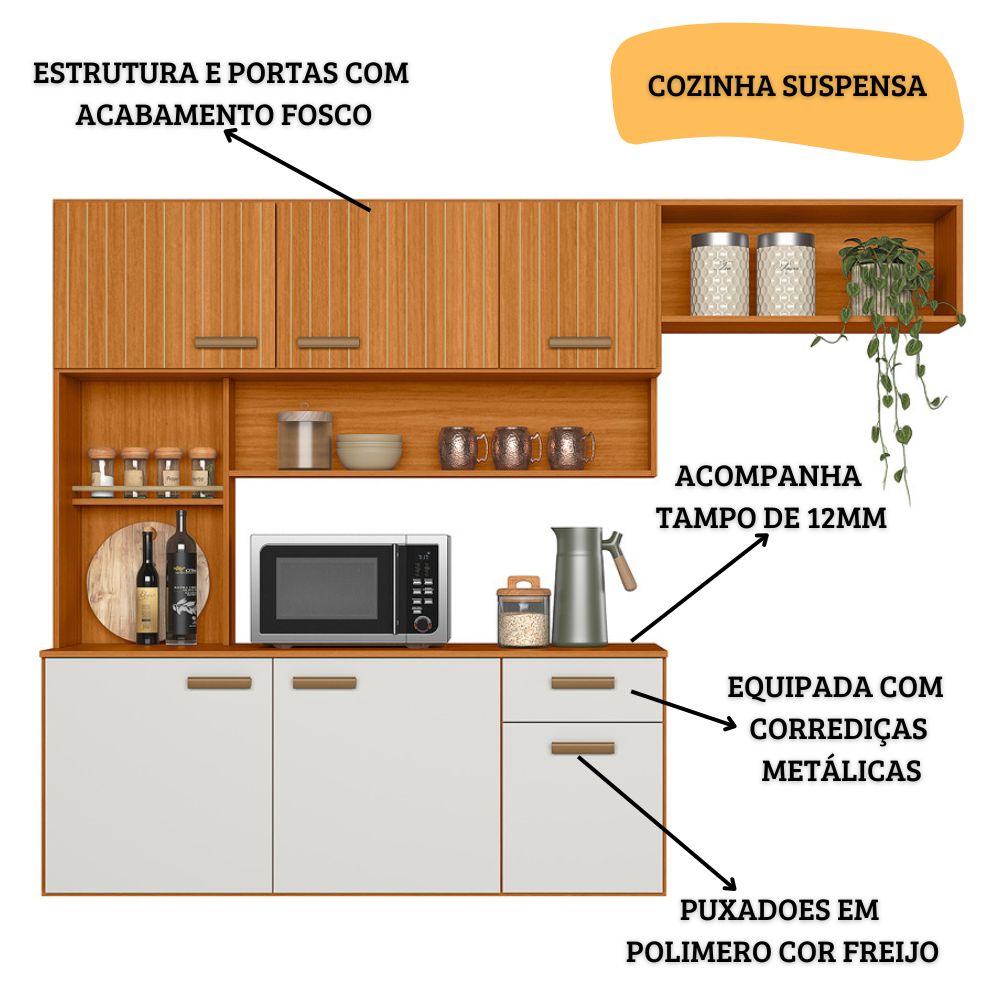 Cozinha Suspensa 6 Portas 180 cm Una Freijo Off White Ripado PLN