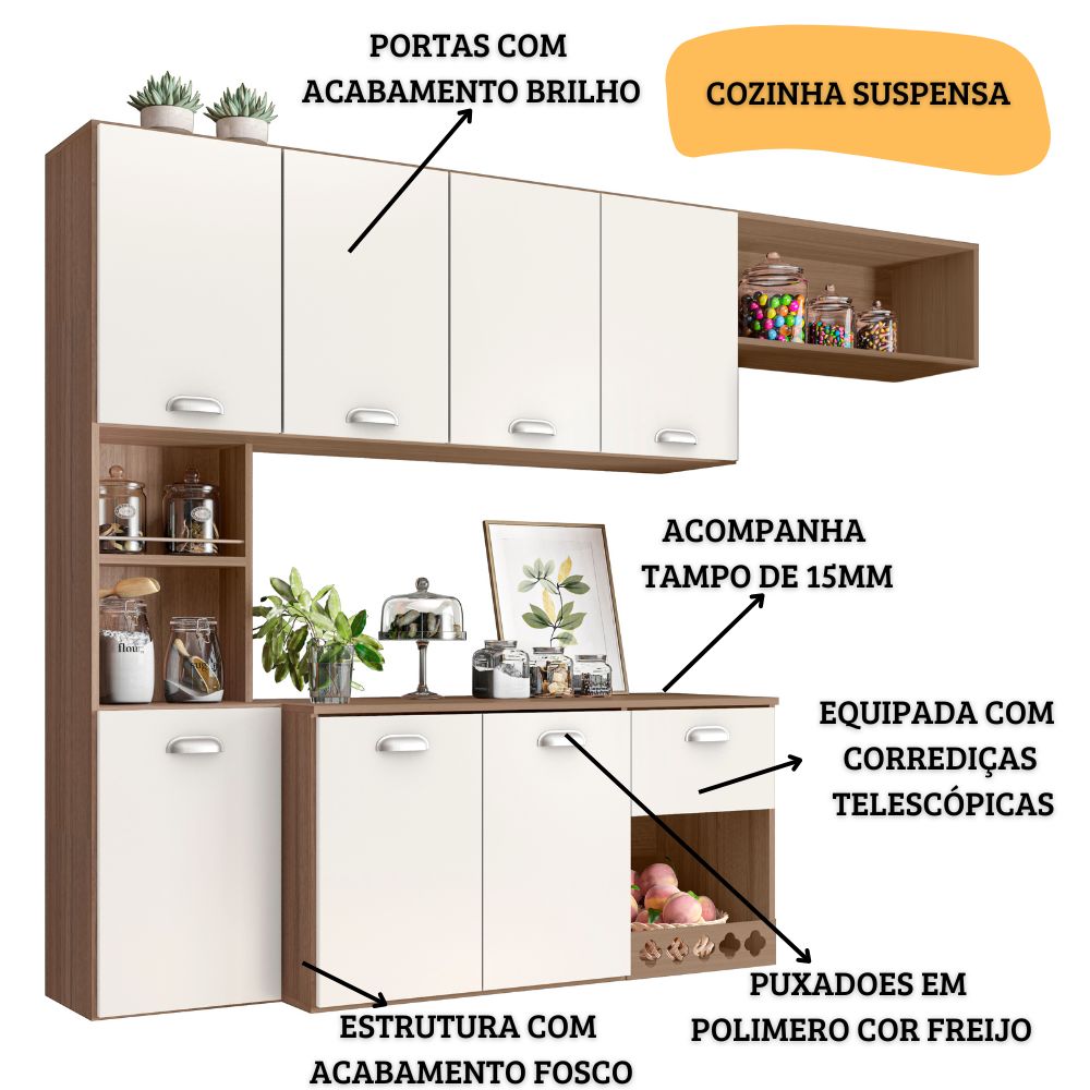 Cozinha Suspensa 7 Portas 180 cm Mali Carvalho Oak Off White PLN