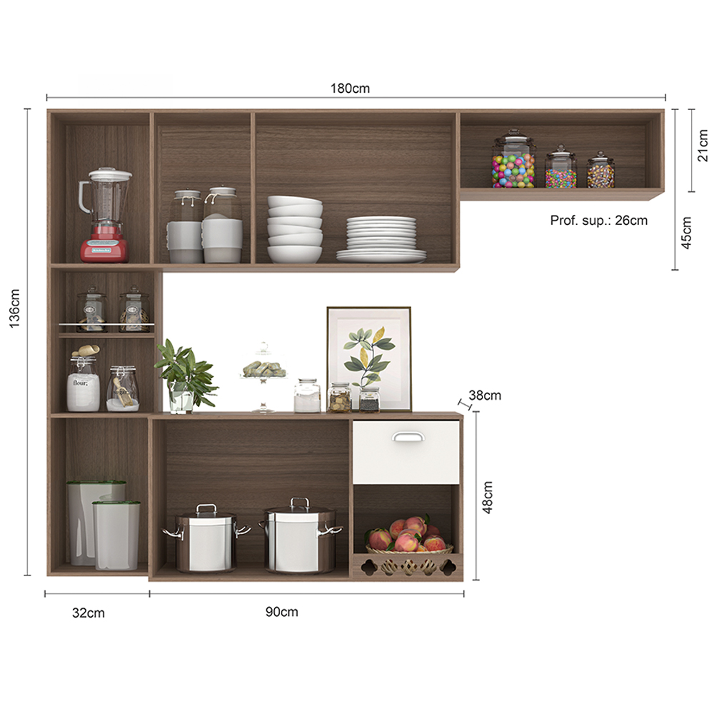 Cozinha Suspensa 7 Portas 180 cm Mali Carvalho Oak Off White PLN