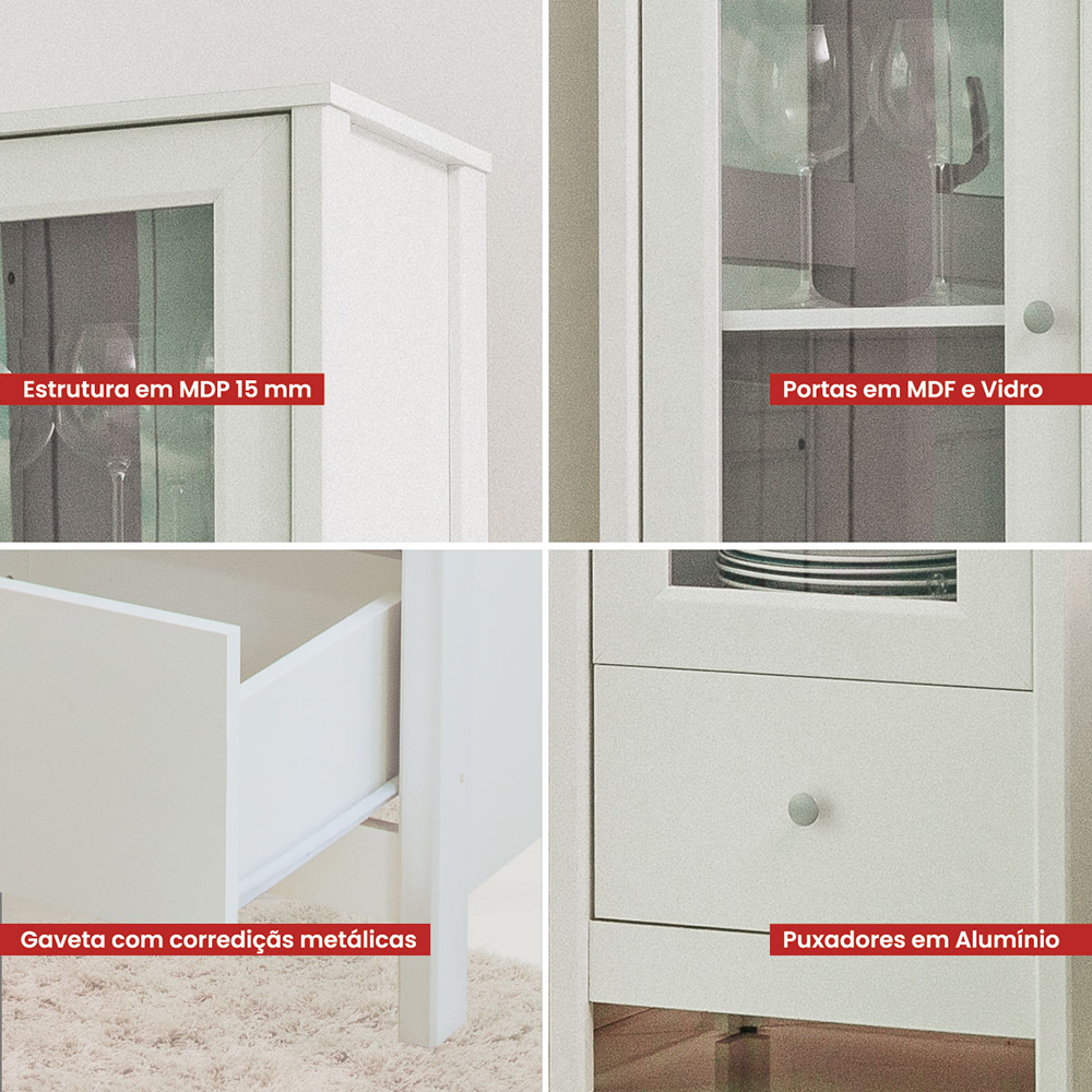 Cristaleira 1 Porta Vidro 1 Gaveta 180x43 cm E962 Branco Dtall