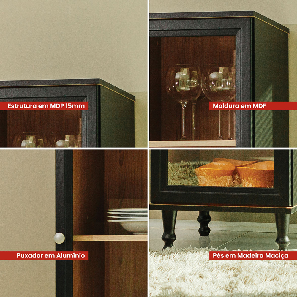 Cristaleira 1 Porta Vidro Pes Madeira 151x40 cm E963 Preto Dtall