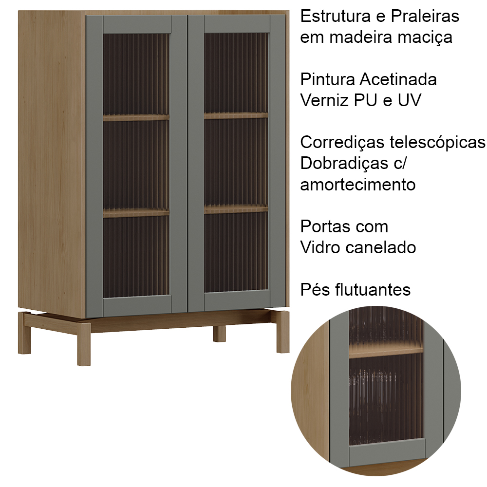 Cristaleira 2 Portas Vidro Canelado 80 cm 2156 Oak Ferrolack Milani Store