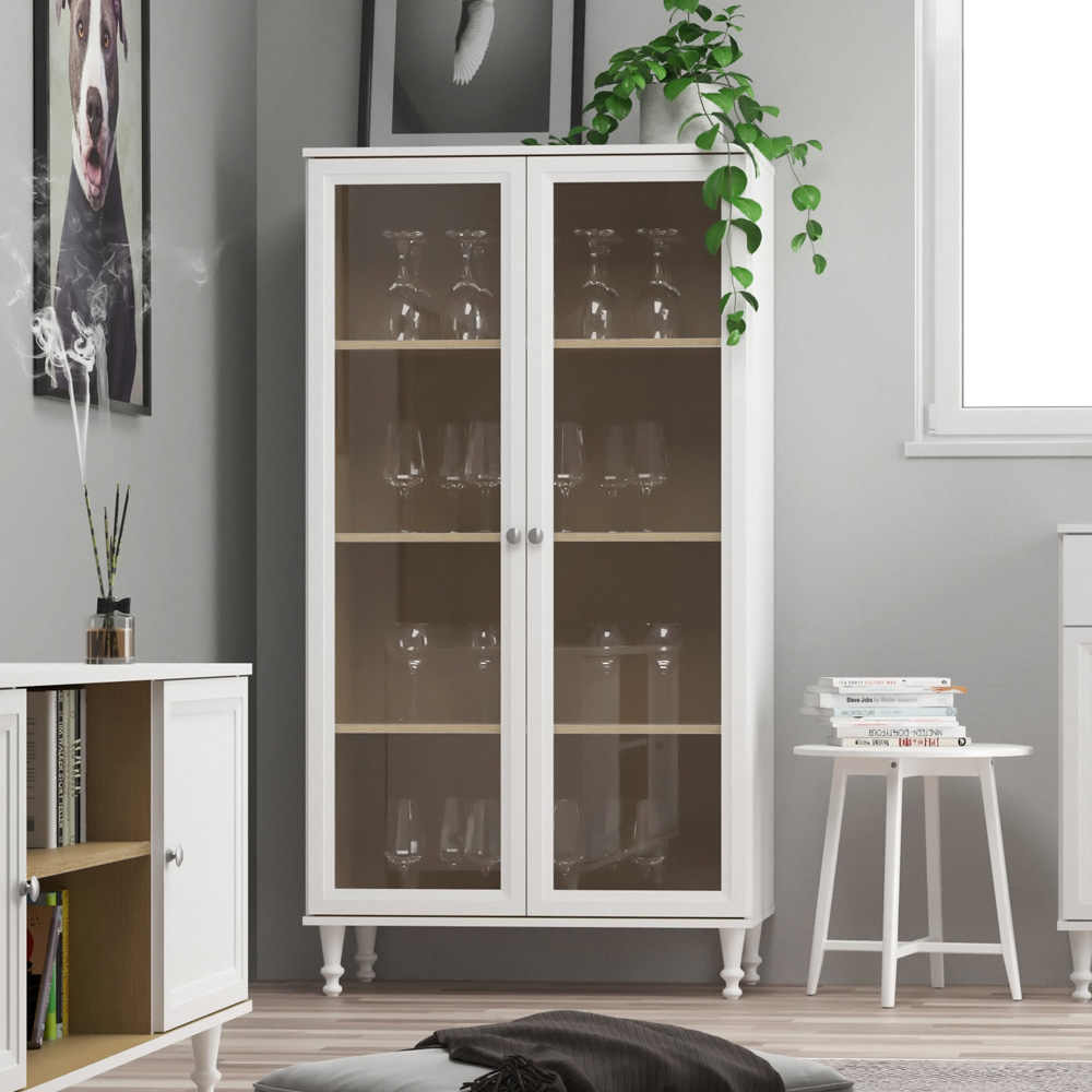 Cristaleira 2 Portas Vidro Pes Madeira 151x80 cm E957 Branco Dtall