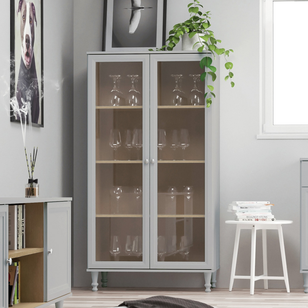 Cristaleira 2 Portas Vidro Pes Madeira 151x80 cm E957 Cinza Dtall