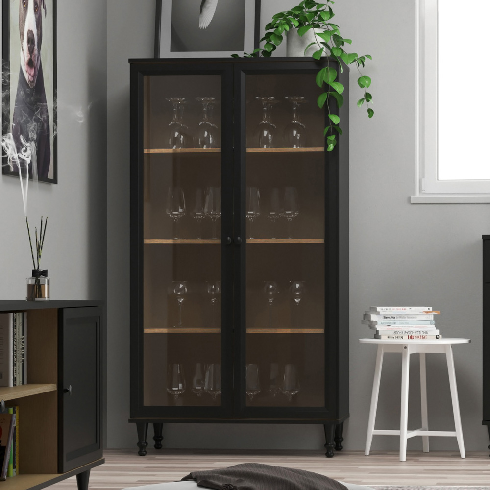 Cristaleira 2 Portas Vidro Pes Madeira 151x80 cm E957 Preto Dtall