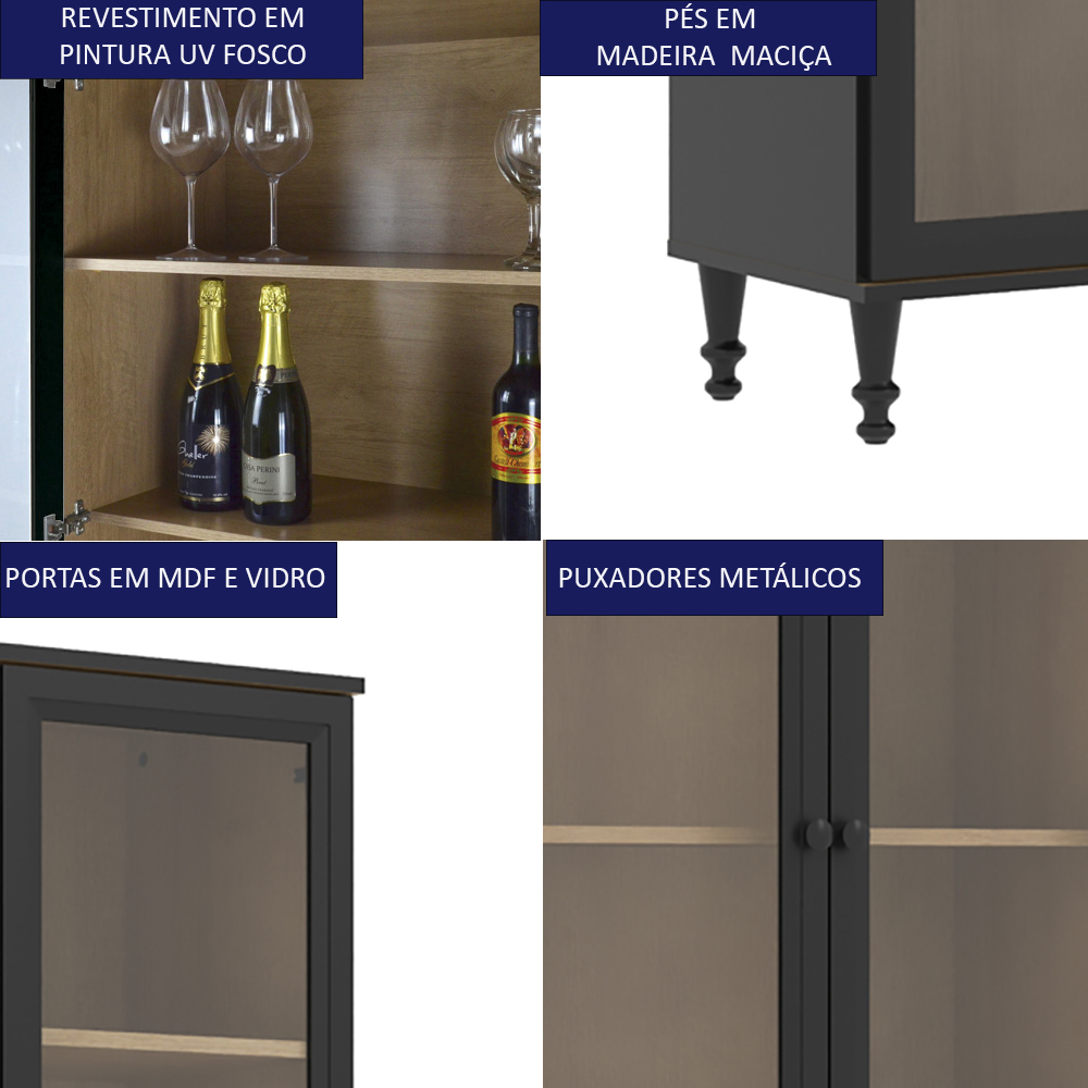 Cristaleira 2 Portas Vidro Pes Madeira 151x80 cm E957 Preto Dtall