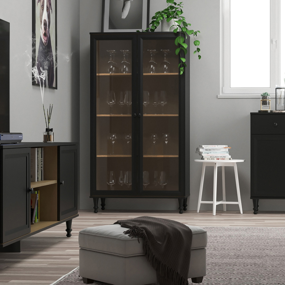 Cristaleira 2 Portas Vidro Pes Madeira 151x80 cm E957 Preto Dtall