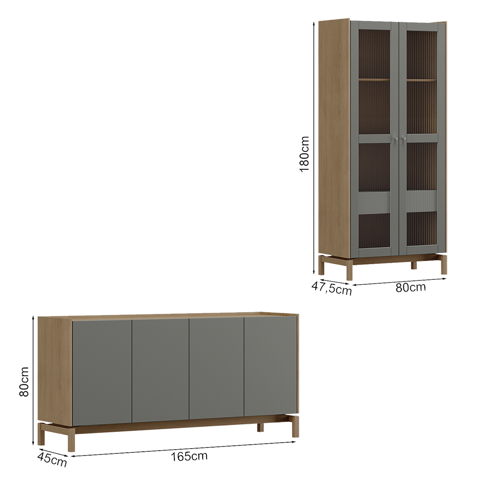 Cristaleira 2P 1G Vidro Balcao Buffet 4P Oak Ferrolack Milani Store