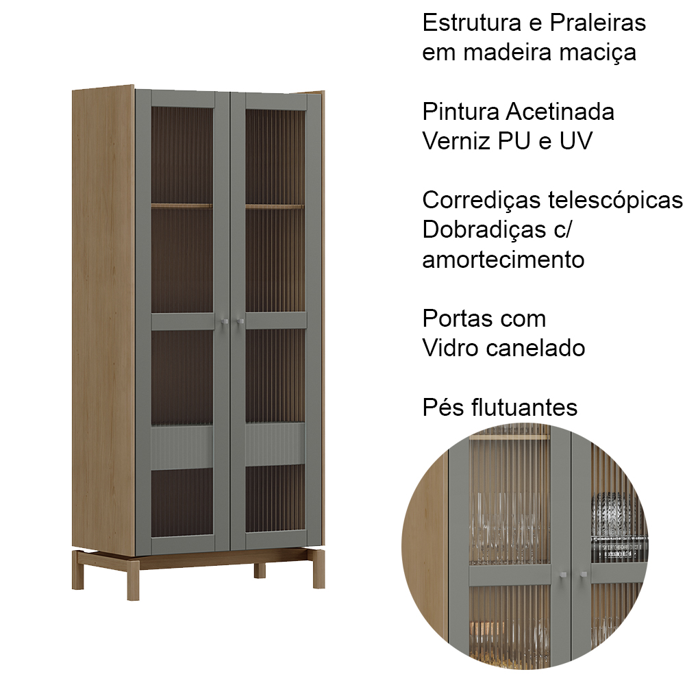 Cristaleira 2P 1G Vidro Canelado 180x80 cm 2157 Oak Ferrolack Milani Store