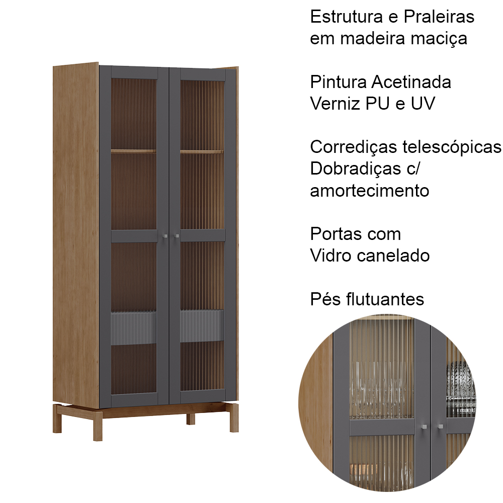 Cristaleira 2P 1G Vidro Canelado 180x80 cm 2157 Tauari Concret Milani Store