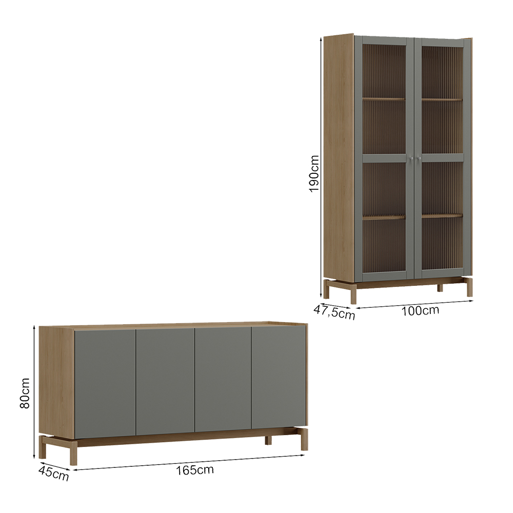 Cristaleira 2P Vidro Balcao Buffet 4P 1G Oak Ferrolack Milani Store