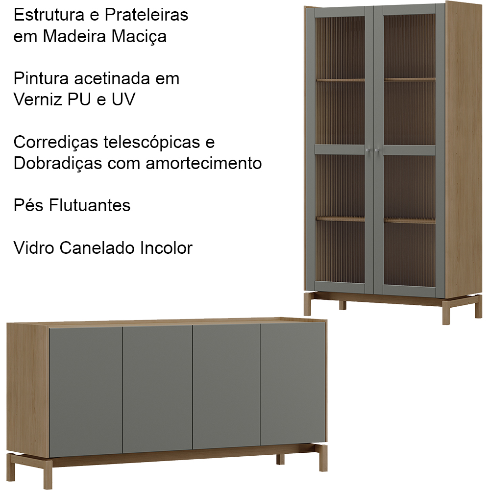 Cristaleira 2P Vidro Balcao Buffet 4P 1G Oak Ferrolack Milani Store