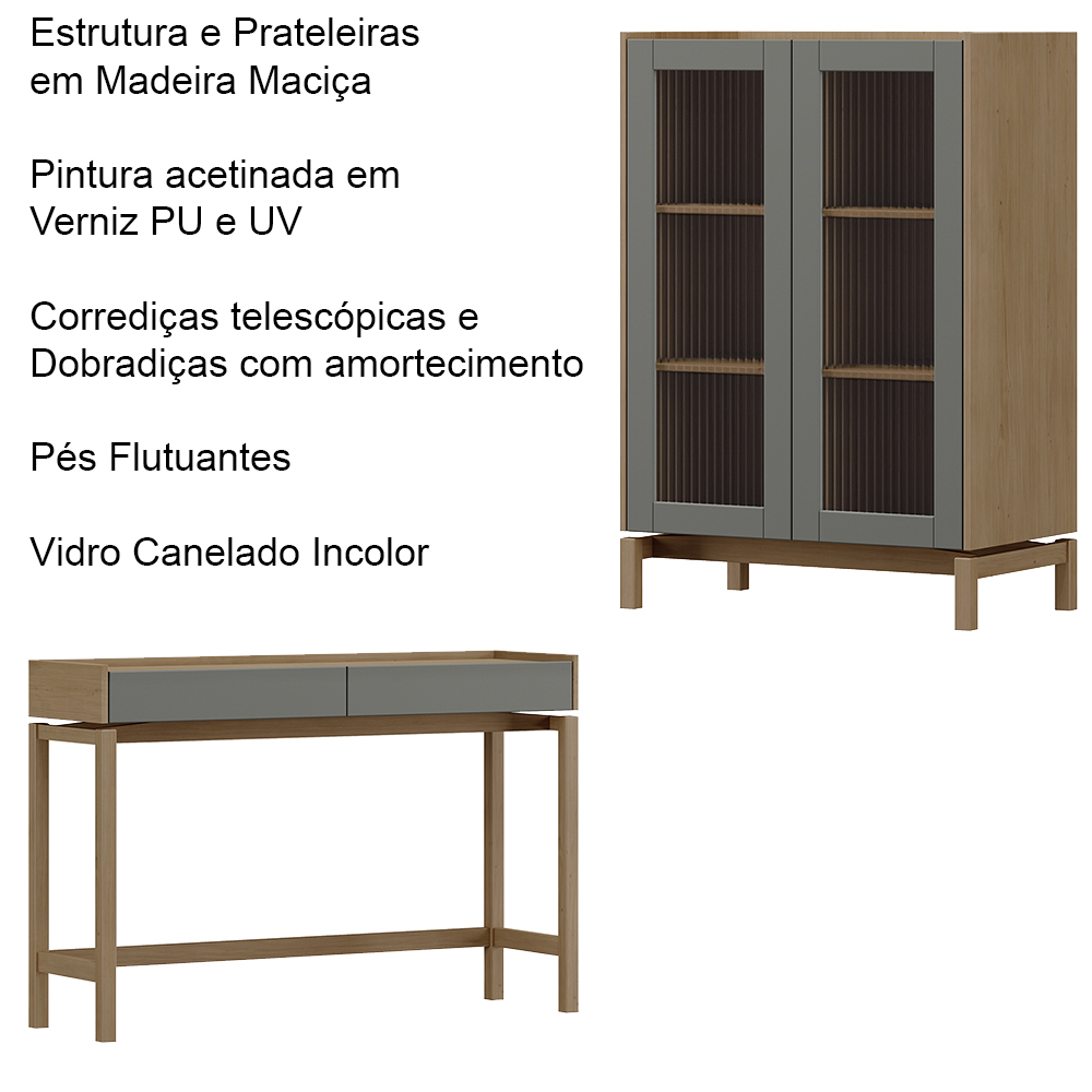 Cristaleira 2P Vidro Canelado Aparador 2G Oak Ferrolack Milani Store