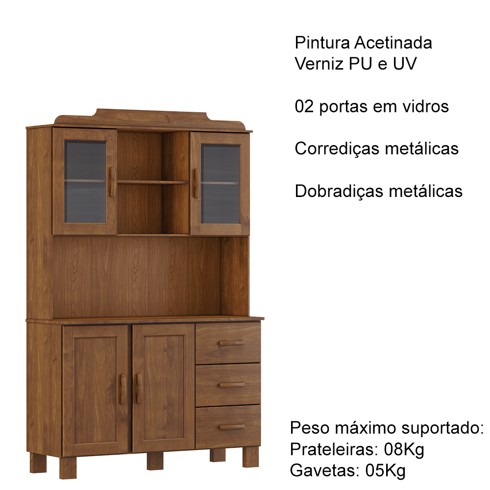Cristaleira 4 Portas 3 Gavetas 122 cm 1289 Castanho Milani Store