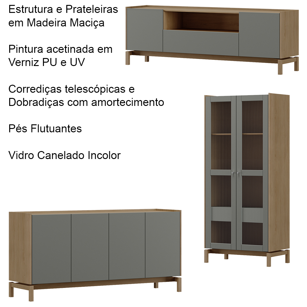 Cristaleira Balcao Buffet e Rack Sala de Estar Oak Ferrolack Milani Store