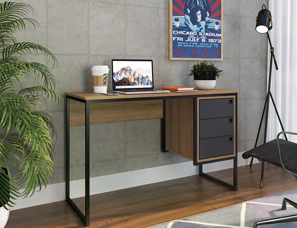 Escrivaninha Estilo Industrial 3 Gavetas Grafite Mel PP Milani Store