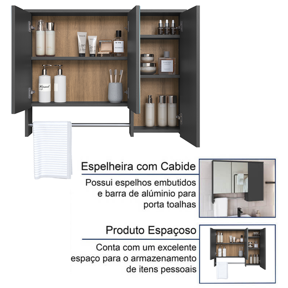 Espelheira Com 3 Portas e Toalheiro 80 cm ES9000 Mell Arenas FAEM
