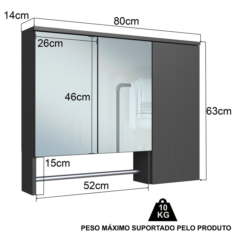 Espelheira Com 3 Portas e Toalheiro 80 cm ES9000 Mell Arenas FAEM