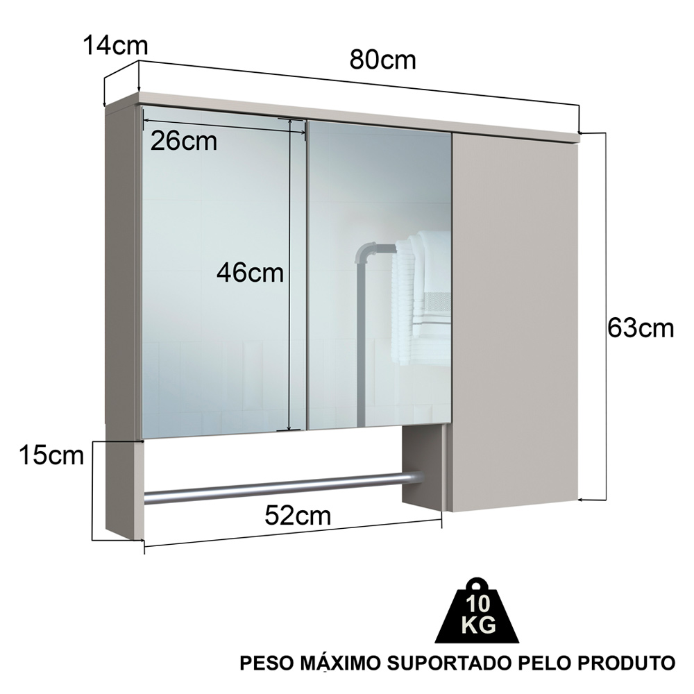 Espelheira Com 3 Portas e Toalheiro 80 cm ES9000 Mell Arenas FAEM