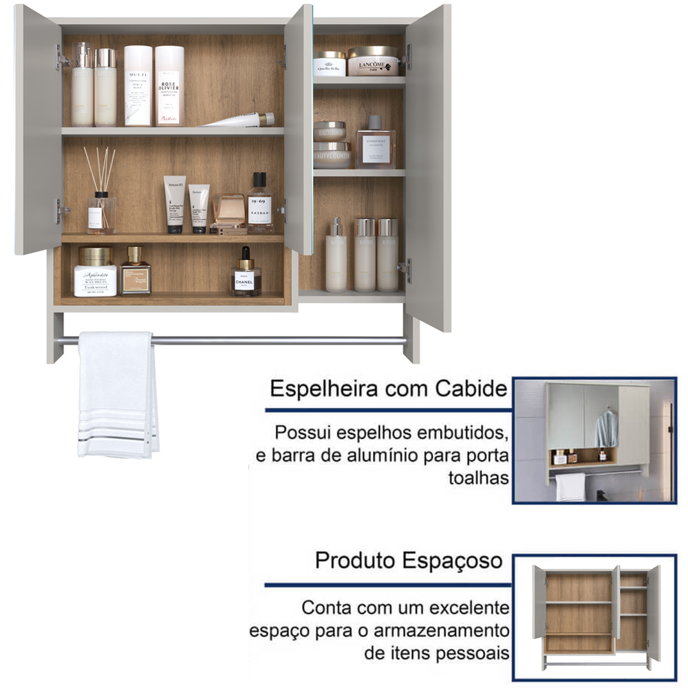 Espelheira Com Toalheiro 3 Portas 80 cm ES9002 Mell Arenas FAEM