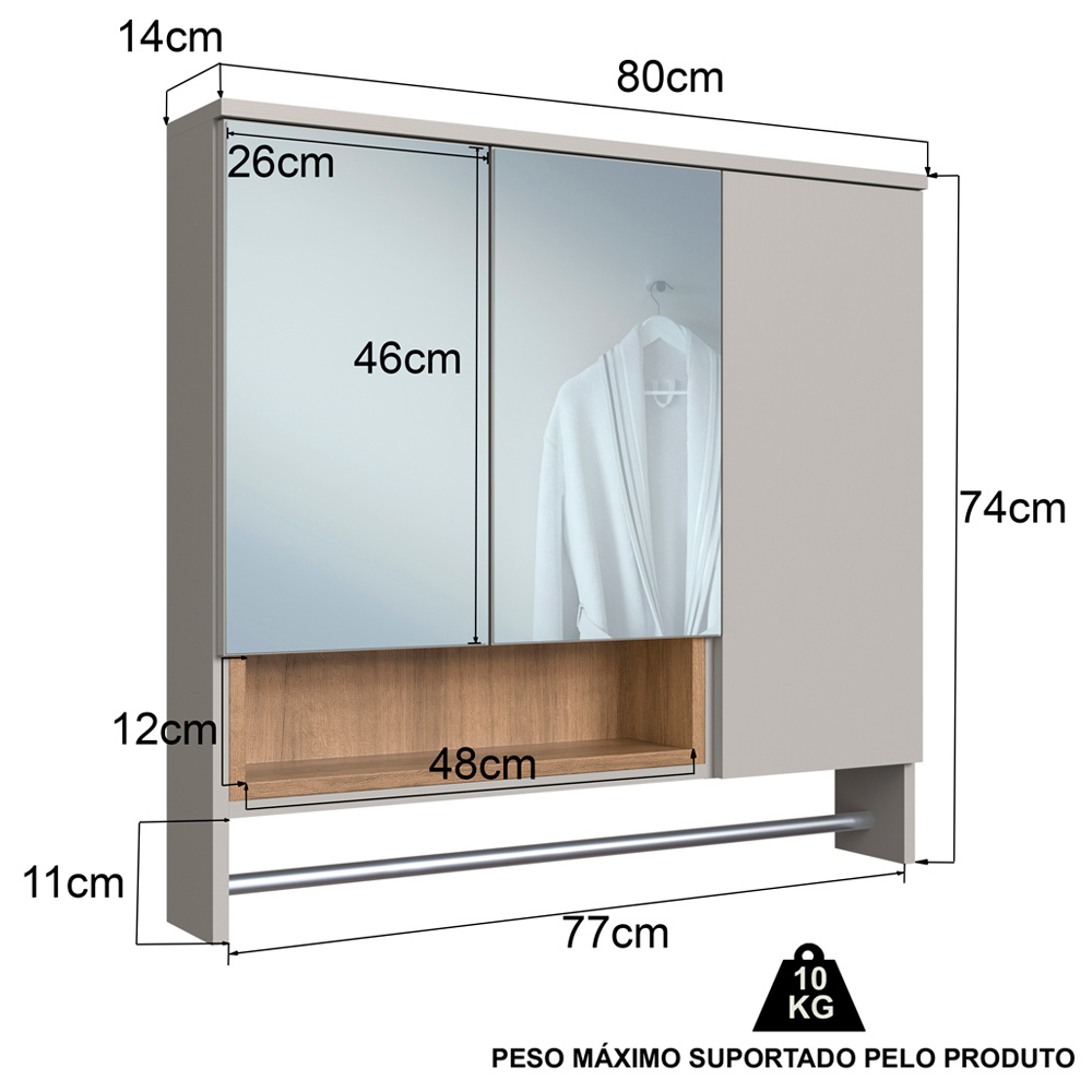 Espelheira Com Toalheiro 3 Portas 80 cm ES9002 Mell Arenas FAEM