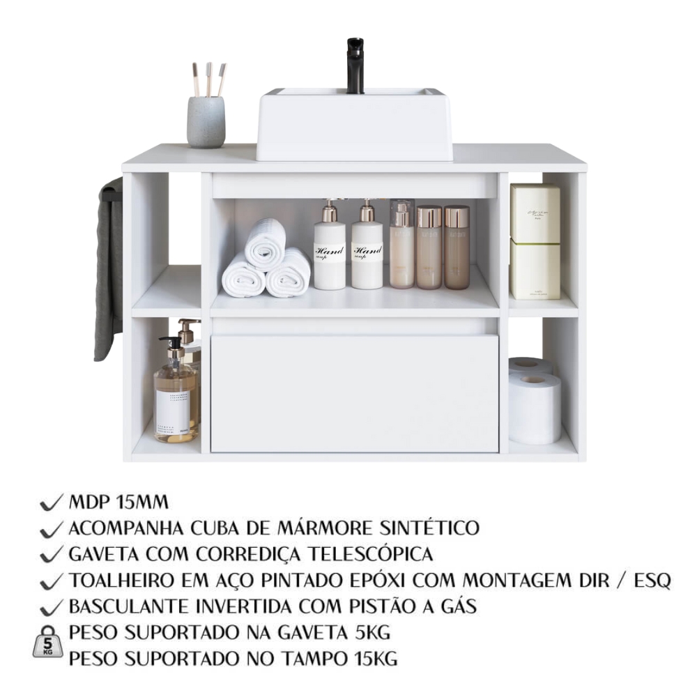 Espelheira e Gabinete Suspenso com Cuba 80cm Branco PRODDY
