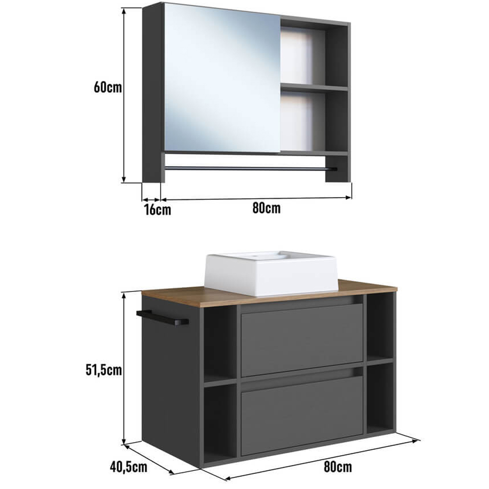 Espelheira e Gabinete Suspenso com Cuba 80cm Mel Grafite PRODDY