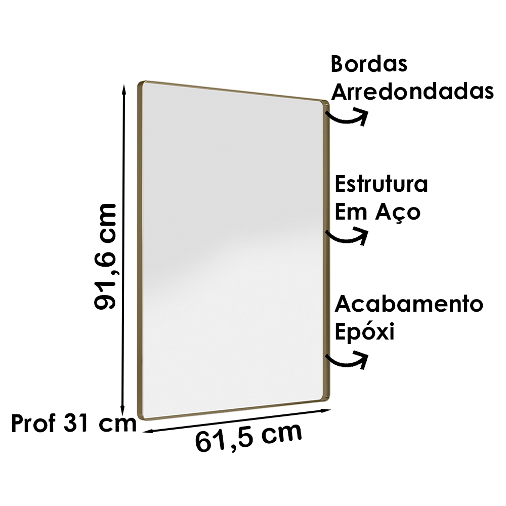 Espelho Decorativo Skkar Retang 92x62 Moldura 25 cm Dourado Dhom