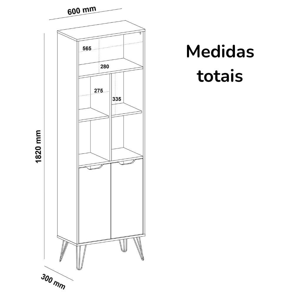 Estante 2 Portas 5 Nichos 182X60 cm Carvalho Branco Grafite ARLY