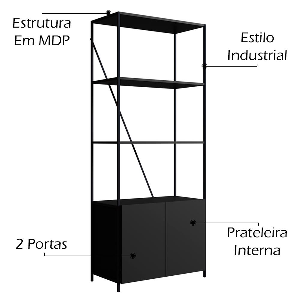 Estante 2 Portas Estilo Industrial SW017 Preto PP